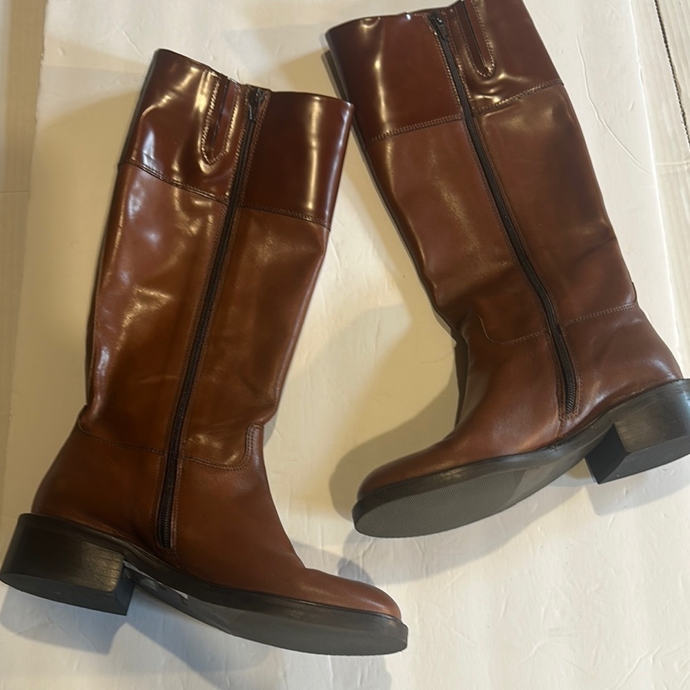 NWOT Minelli Naina cognac Brown Leather 2 toned Knee-High Boots w heel zipper - Picture 7 of 13